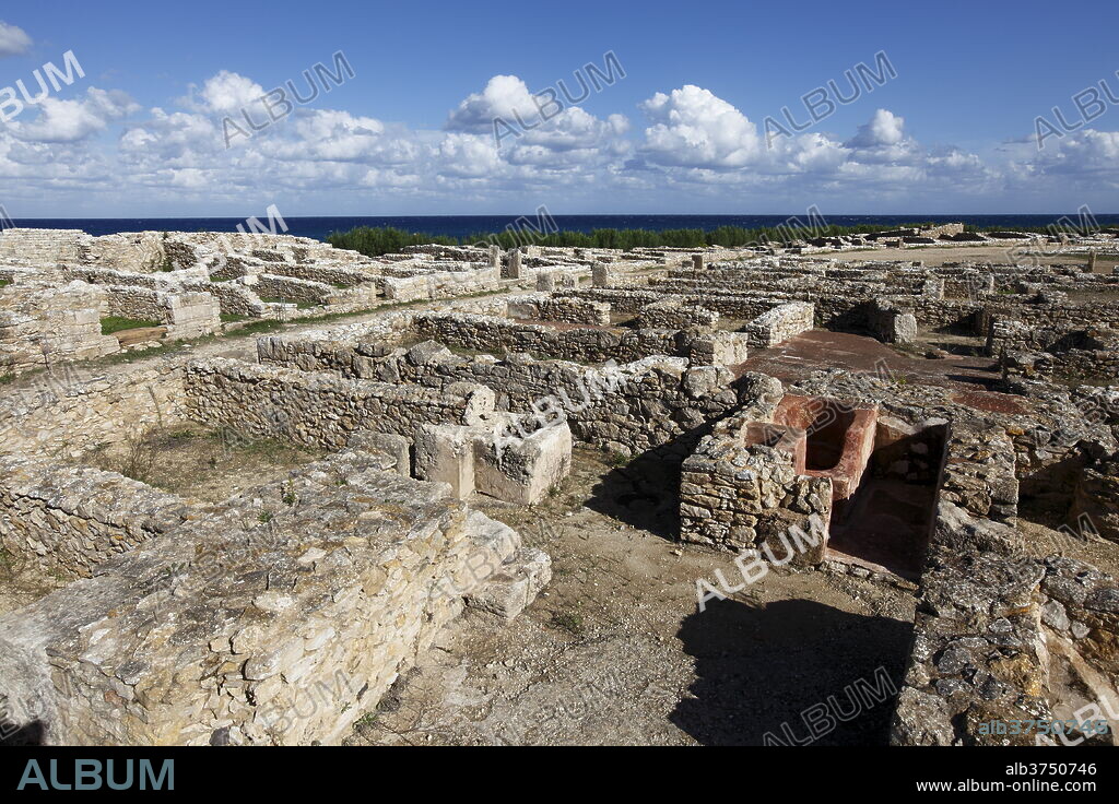 Phoenician ruins with Mediterranean Sea beyond, Kerkouane Archaeological Site, UNESCO World Heritage Site, Tunisia, North Africa, Africa.