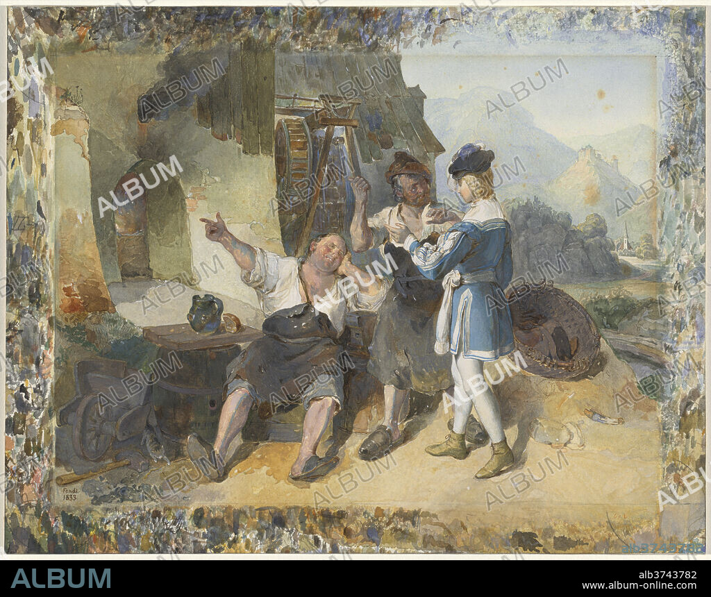 PETER FENDI. Fridolin and Two Workmen by the Forge. Dated: 1833. Dimensions: sheet: 27 x 34.5 cm (10 5/8 x 13 9/16 in.), including border with trial colors. Medium: watercolor and gouache over graphite on laid (?) paper.