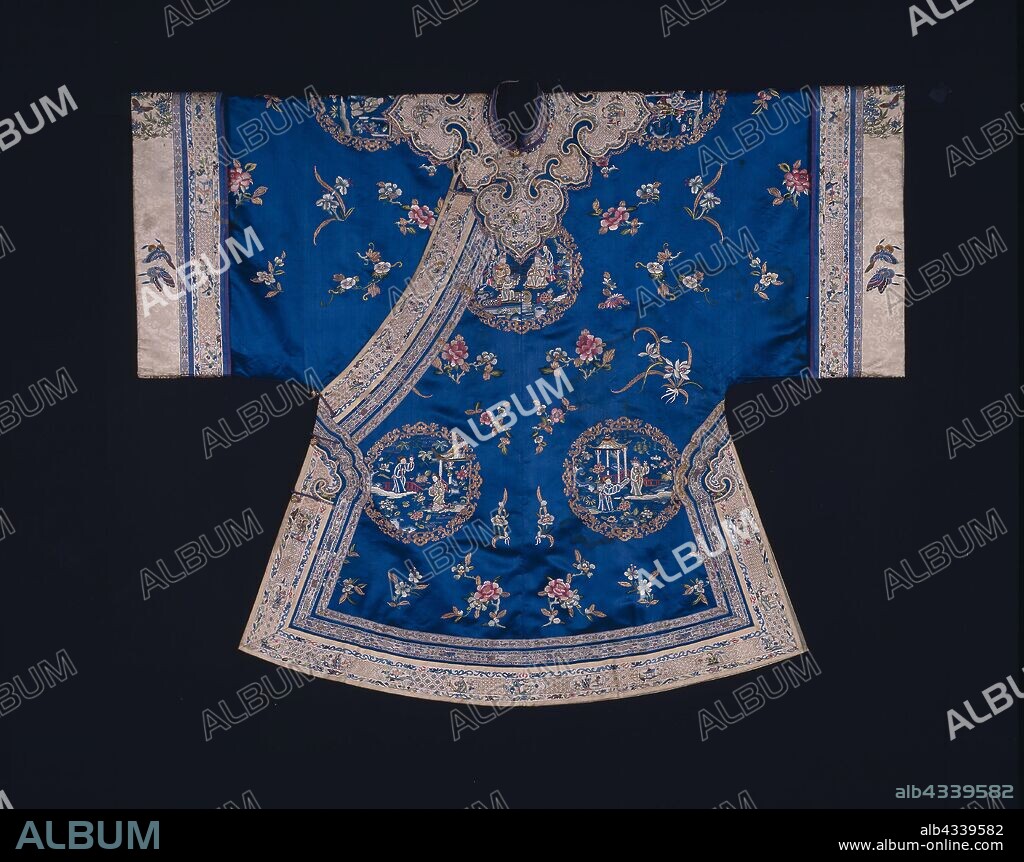 Woman’s Ao (Short Robe), Qing dynasty (1644–1911), 1875/1900, Han-Chinese, China, Silk, warp-float faced 7:1 satin weave, embroidered with silk and gold-leaf-over-lacquered-paper-strip-wrapped silk in knot, satin and stem stitches, laid work and couching, sleeve facing: silk, 7:1 satin damask weave, embroidered with silk and gilt-metal-strip-wrapped silk in knot, satin, single satin, split, and stem stitches (under drawing in black ink or graphite), edging and cloud collar: silk, warp-float faced 7:1 satin weave, embroidered with silk and gold-leaf-over-lacquered-paper-wrapped silk in satin and stem stitches, laid work and couching, collar: silk, 7:1 satin damask weave, ribbons: silk and gold-leaf-over-lacquered-paper-strip-wrapped cotton, stripes of 7:1 satin weave and stripes of plain weave with supplementary patterning warps and of silk and gold-leaf-over-lacquered-paper-strip-wrapped cotton, stripes of 7:1 satin weave, and stripes of plain weave with supplementary patterning warps, tapes: silk and gold-leaf-over-lacquered-paper-strip-wrapped silk, 1:1 oblique interlacing and silk, plain weave with self-patterning main warp floats, trim and closures: silk, warp-float faced 7:1 satin weave, lined with silk, plain weave, 109.9 × 134 cm (43 1/4 × 52 3/4 in.).