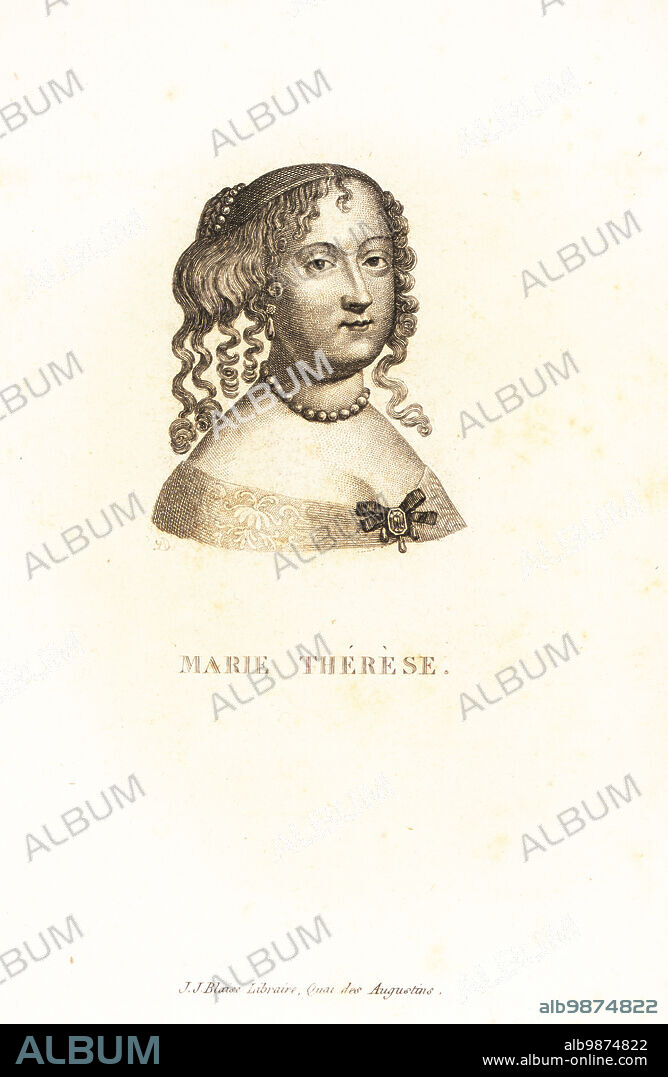 Portrait of Maria Theresa of Spain, Marie-Therese d'Autriche, 1638-1683, Infanta of Spain and Portugal and Archduchess of Austria, Queen of France and Navarre. Marie Therese. Copperplate engraving by A.D. after Jean Nocret from Marie de Rabutin-Chantal Sevignes Collection des Vingt Portraits du Siecle de Louis XIV, Collection of 20 Portraits of the century of King Louis XIV, J.J. Blaise, Libraire, Quai des Augustins, Paris, 1818.