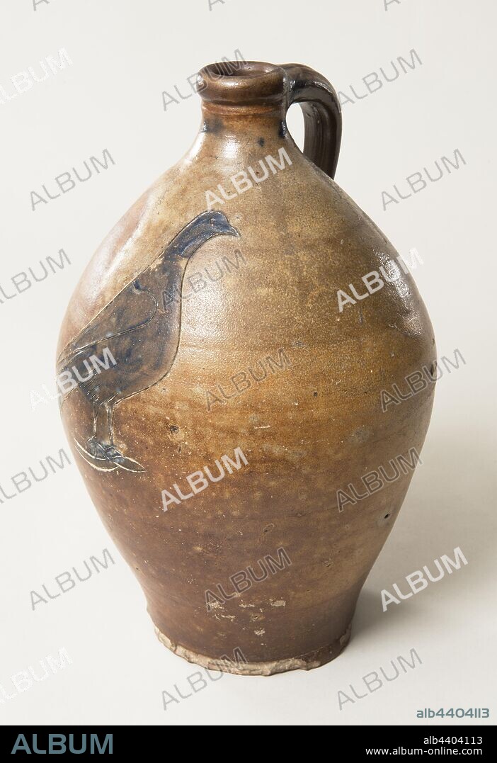 American: Jug, American, 1830–1850, Salt glazed stoneware, Salt glaze—a technique where large quantities of salt are thrown into the kiln during the firing process—is what gives this water jug its glossy texture. On the vessel's shoulder, the artist painted a cobalt-blue dove and enhanced its form by incising an outline around the figure. Both the glazing technique and decoration of this jug are related to the work of Henry Remmy, a 19th-century potter active in Baltimore and Philadelphia., Overall: 13 x 7 3/4 in. (33 x 19.7 cm).