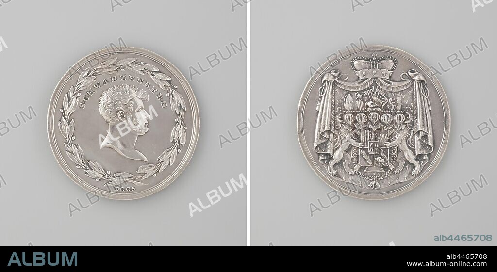 Karl Philip, Prince of Schwarzenberg, Silver Medal. Front: man's bust inside the cover and laurel wreath. Reverse: coat of arms under three helmets, surrounded by order of Golden Fleece and flanked by two helmeted lions, above it cloth under crown, Karl Philipp zu Schwarzenberg, Daniel Friedrich Loos, Berlin, 1815, silver (metal), striking (metalworking), d 2.9 cm × w 9.21 gr.