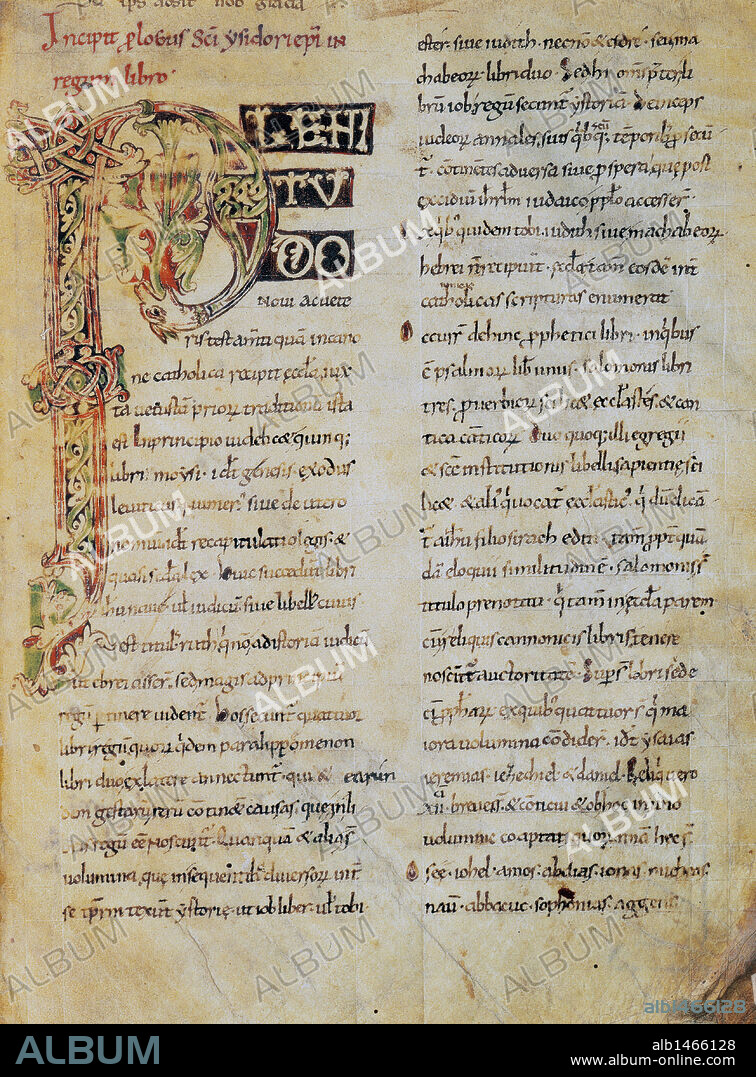 ARTE ROMANICO. SIGLO XI. "LIBRI REGUM ET MACHABEORUM". Libros deuternonómicos del Antiguo Testamento. LETRA CAPITULAR miniada del folio primero. "LIBRO DE LOS REYES". Manuscrito nº 5. Escritorio de Vic. Archivo de la Catedral de Vic. Provincia de Barcelona. Comarca de Osona. Cataluña.