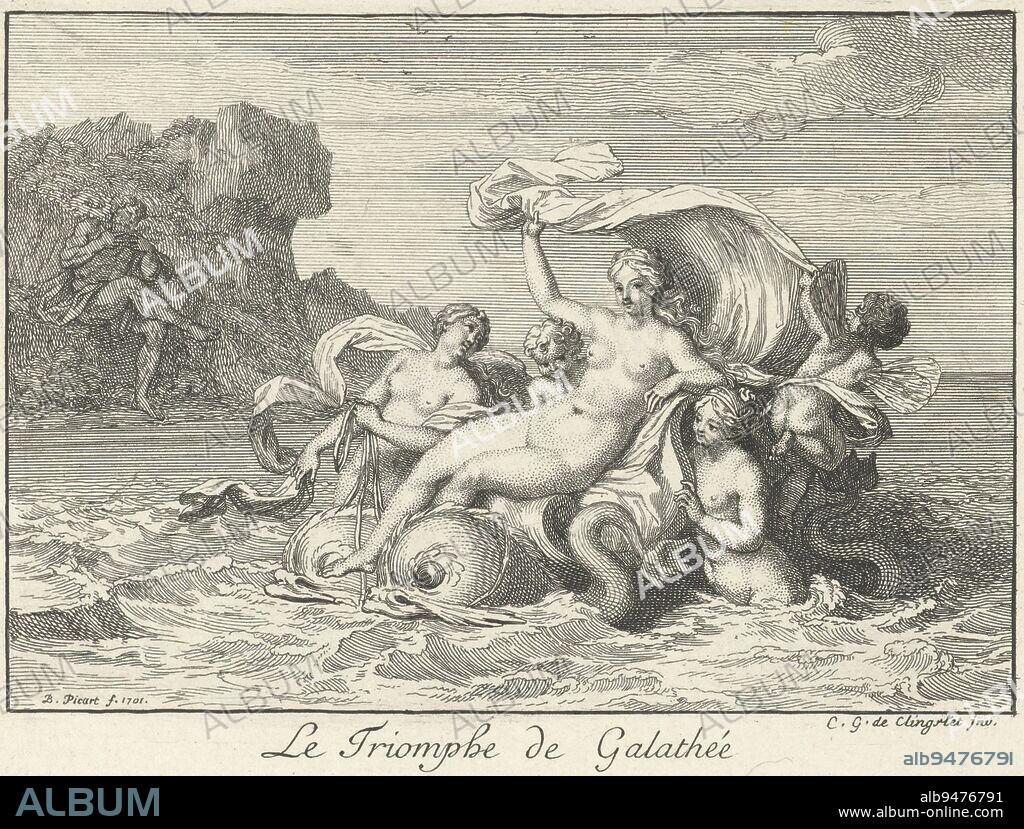The sea nymph Galatea rests backwards on a wagon pulled by fish. She is surrounded by nymphs and putti. Polyphemus floats in the air playing a love song for her on his pan flute, Triumph of Galatea Le Triomphe de Galathée., print maker: Bernard Picart, (mentioned on object), C. G. Clingstet, (mentioned on object), Paris, 1701, paper, etching, engraving, h 112 mm × w 147 mm.