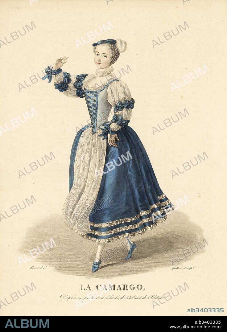 Marie Anne Cuppi, Mlle. La Camargo, famous ballet dancer, 1710-1770. She wears a small cap, ruff collar, dress with laced bodice, lace sleeves tied with ribbons, apron and calf-length skirt and high-heel shoes. After a portrait in oils in the editor's collection. Handcoloured copperplate engraving by Georges Jacques Gatine after an illustration by Louis Marie Lante from Galerie Francaise de Femmes Celebres, Paris, 1827.