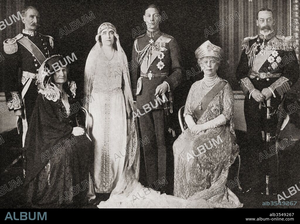 The British Royal Family at the wedding of The Duke and Duchess of York, 1923. From left to right, Claude George Bowes-Lyon, 14th Earl of Strathmore and Kinghorne, the bride's father. Cecilia Nina Bowes-Lyon, Countess of Strathmore and Kinghorne, née Cavendish-Bentinck, the bride's mother. Elizabeth Angela Marguerite Bowes-Lyon. The Duke of York, later King George VI. Mary of Teck, the groom's mother. King George V, the groom's father. From The Story of Twenty Five Years, published 1935.