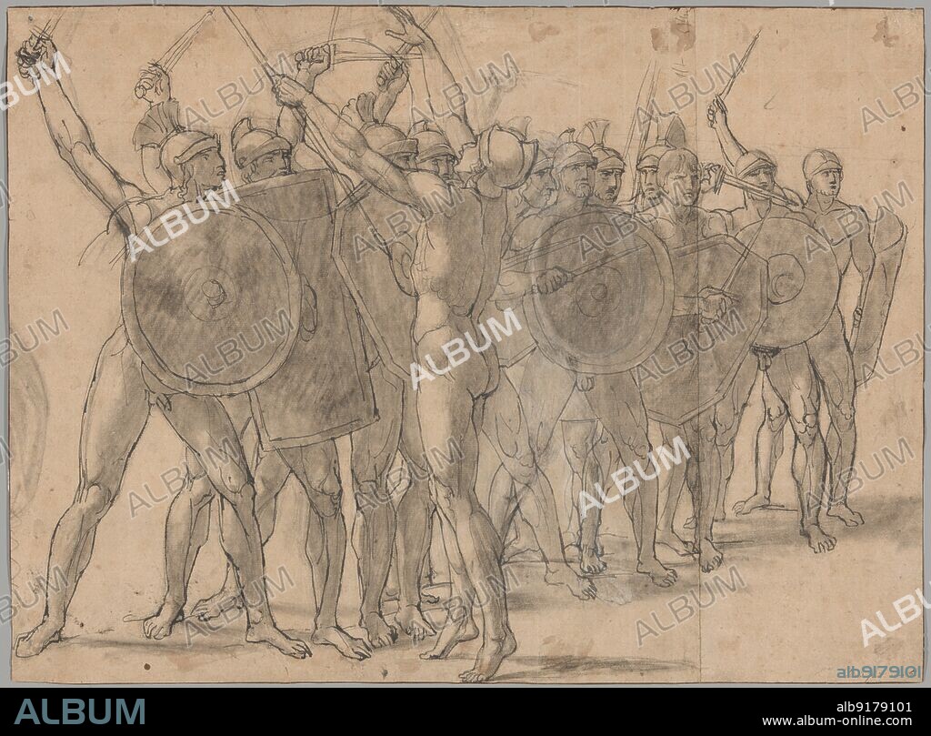 JACQUES LOUIS DAVID. Nude Soldiers Gesticulating with Their Weapons (recto); Two Drapery Studies for the Figure of Tatius (verso), 1796/97.