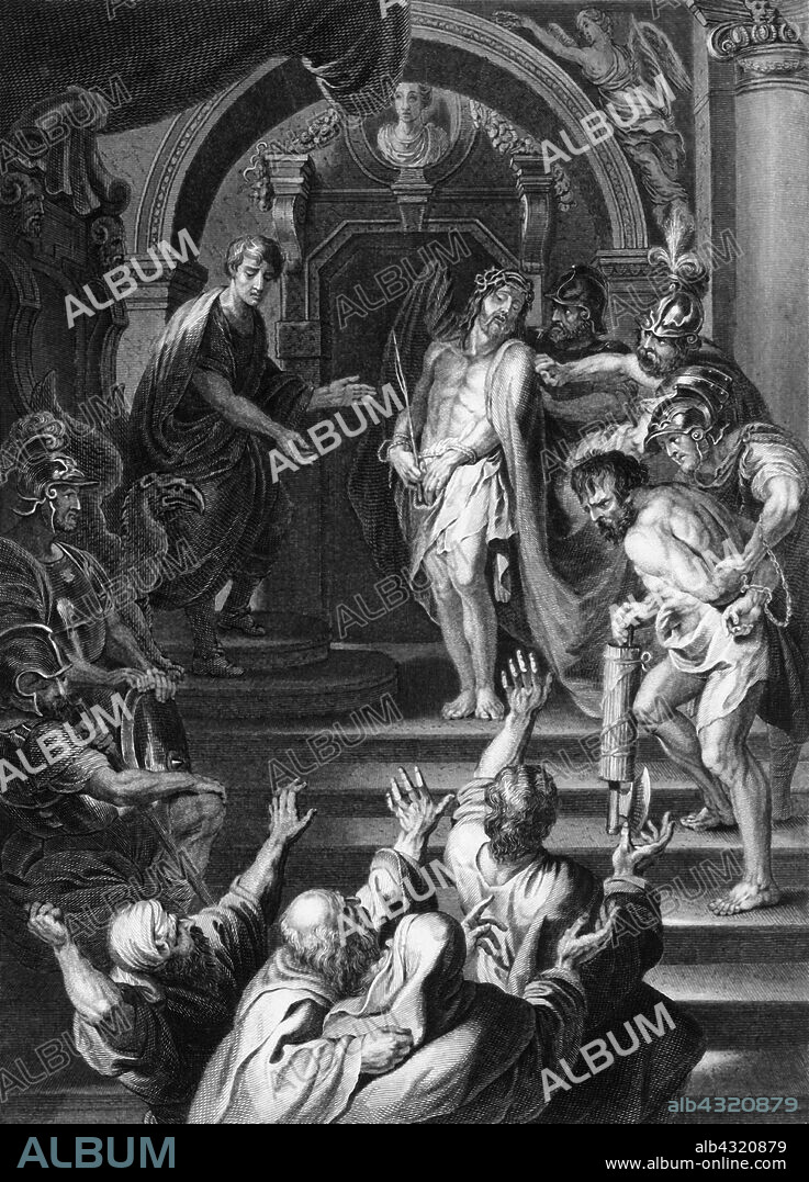 GEORGE PRESBURY. 'They cried out, saying, Crucify him, crucify him', c1840. Biblical scene, from John 19: 6: 'When the chief priests therefore and officers saw him, they cried out, saying, Crucify him, crucify him. Pilate saith unto them, Take ye him, and crucify him: for I find no fault in him.' Jesus Christ is tried before Pontius Pilate, governor of the Roman province of Judaea, and is condemned to death. Engraving after an early 17th century painting by Rubens.