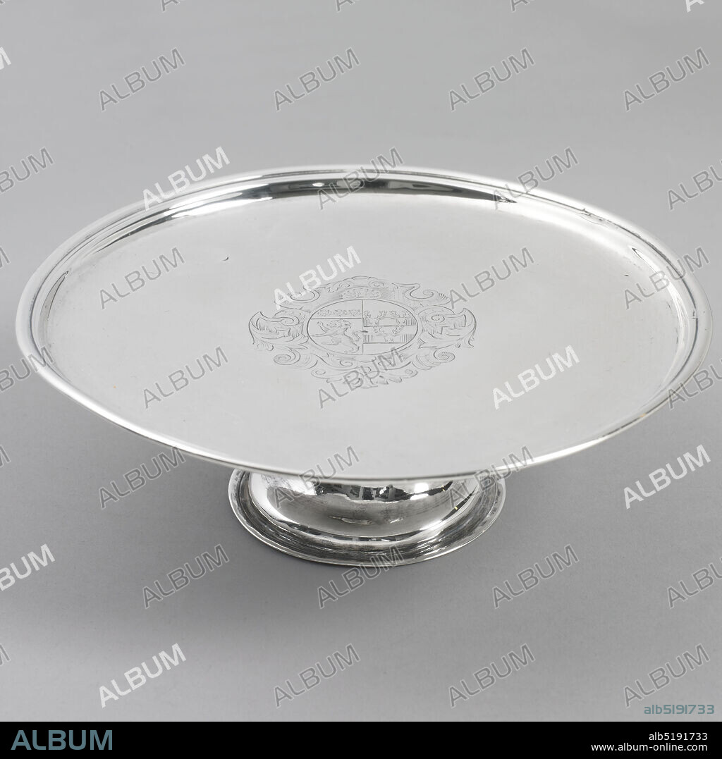 Pair of salvers, Silver, Both salvers: slightly concave foot, spreading at bottom, ending in flat rim. Flat top with molded rim. Engraved in center circular-oval shield, three roses, lion rampant, three heads of stags. Scrolled framing. Inscribed on back., Ireland, 170809, metalwork, Decorative Arts, Pair of salvers.