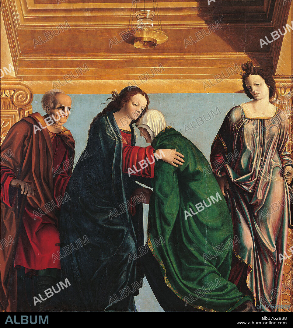 Visitation, by Pseudo-Bramantino, 15th Century,. Italy, Campania, Naples, Capodimonte National Museum and Galleries. Detail. Central panel triptych visitation visit Madonna Virgin Mary red dress blue mantle cloak Elizabeth green veil man woman drapery porch Ionic capital ceiling. Authorization required for non editorial use.