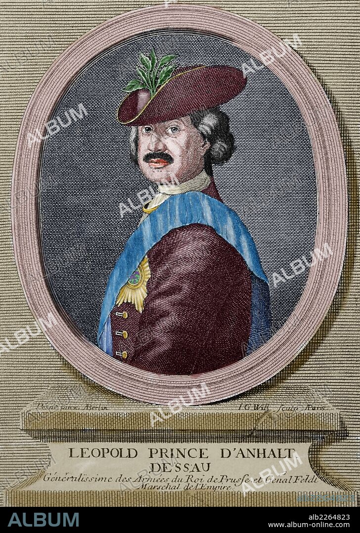 Leopoldo I, príncipe de Anhalt-Dessau (1676-1747). Príncipe alemán de la Casa de Ascania y gobernante del principado de Anhalt-Dessau 1693-1747. Él era también un Generalfeldmarschall en el ejército prusiano. Apodado "el Viejo Dessauer". Grabado por J. J. Wille "Historia Universal", año 1881. Coloreado.