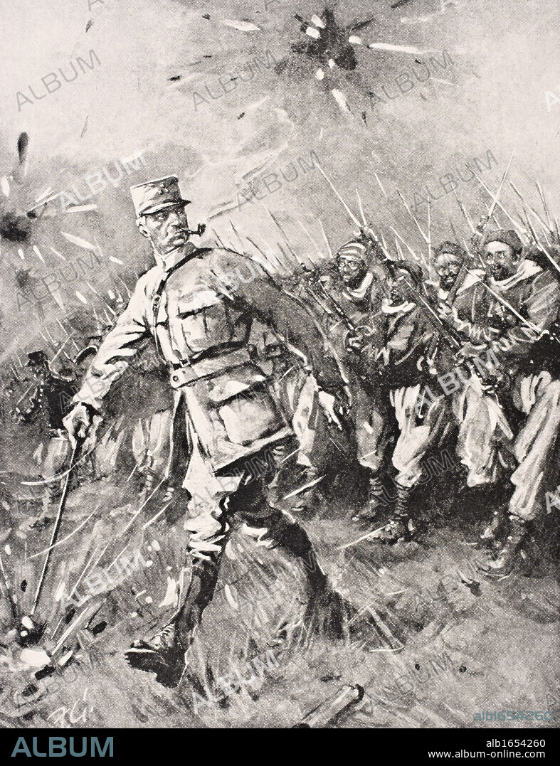 Major Jean-Baptiste Marchand 1863 to 1934 pipe in mouth cane in hand leads Zouave and Moroccan units against German enemy Western Front 1915 From The War Illustrated Album deLuxe published London 1916.