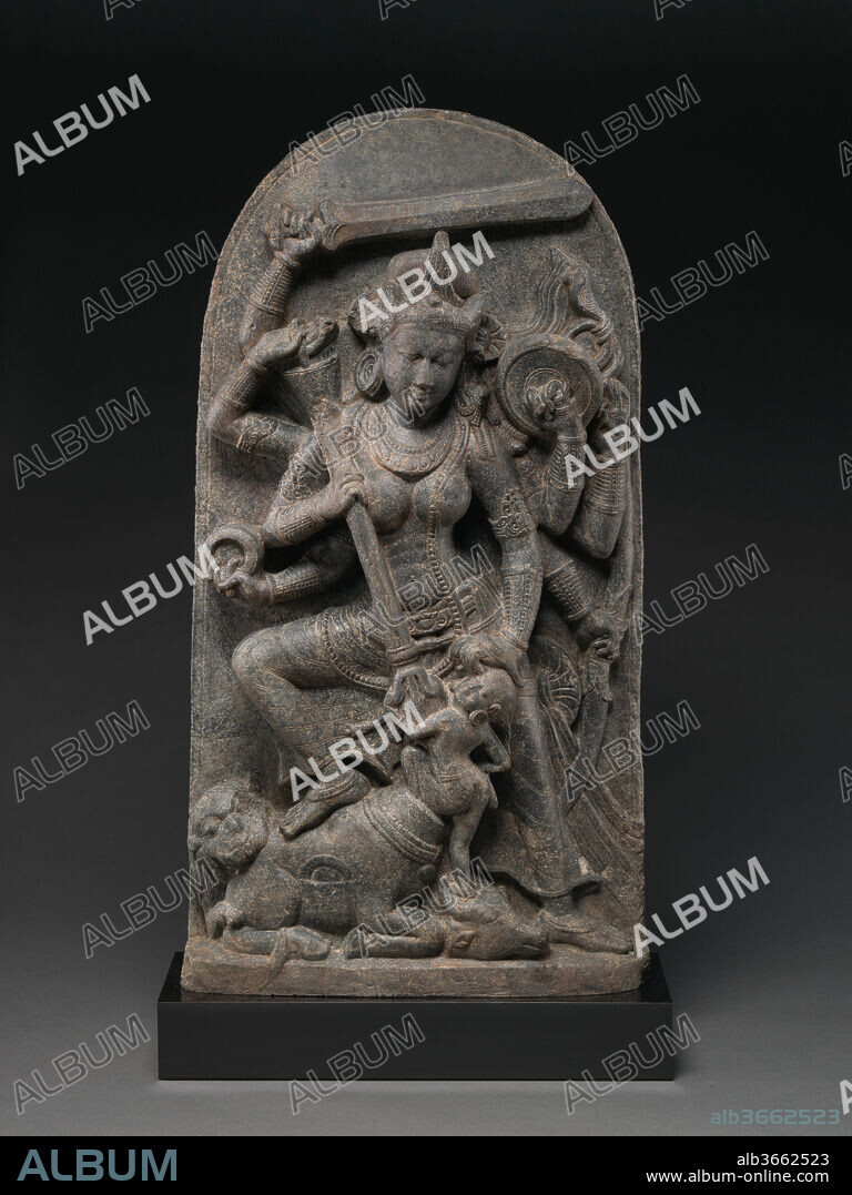 Goddess Durga Slaying the Demon Mahisha. Culture: Eastern India, Bihar, probably Gaya district. Dimensions: H. incl. base 42 1/2 in. (108 cm); H. 39 in. (99.1 cm); W. 21 in. (53.3 cm); D. 7 in. (17.8 cm)
Base: H. 3 1/2 in. (8.9 cm); W. 22 1/2 in. (57.2 cm); D. 8 1/2 in. (21.6 cm). Date: second half of the 9th century.
Durga slaying Mahisha (Mahishamardini) is here represented in her multi-armed form, manifesting her supreme power as the dispeller of evil, personified in the buffalo demon (asura) Mahisha, seen slumped at her feet. Following the Devi Mahatmya text, she wields the mighty weapons lent to her by the assembly of male gods who singly could not defeat the demon. In this eight-armed form, Durga wields the mighty broad bladed sword above her head with which she has just decapitated the buffalo, whose severed head lies at her feet. With her remaining right hands she displays the discus weapon of Vishnu (also seen embedded in the buffalo's side) while pulling an arrow from the quiver she wears on her back, and plunging Shiva's trident (trusula) into the demon's human form. With her lower left hand she grips the demon by a tress of his hair as she transfixes him with the trident as he emerges from the slain beast. In her raised left hands she holds the shield, poised as a counterpoint to the raised sword, and the noose, with which she binds her enemies, and the long bow with an elaborate handgrip, which echoes the arrow and quiver opposite.
Durga here assumes one of the most dramatic poses for the goddess in all Indian art, which conveys to devotees the unequivocal power of the aroused devi, known in the iconographic literature as pratyalidhasana, a posture shared with some esoteric Buddhist imagery. Durga stands with one foot robustly raised on the beast's back, and the other extended to anchor him to the ground. Her body is full and supple, and modelled with a remarkable artistry. The pronounced musculature of her stomach, for example, reveals the tension in her body as she uses her divine strength to plunge the trisula into the demon's body. Her waist is slender, as are her limbs, whilst her breasts are firm and full. 
The prescriptive sastric text from this time, the Sadhanamala, dictates that goddesses are required to have the "appearance of a girl of sixteen". A diaphanous waist cloth, secured with jeweled belt, is her only attire, apart from her jewelry, a large neck torque, jeweled arm bands and the heavy protective wrist bands of a combatant. Asymmetrical ear ornaments, borrowed from Shiva iconography, decorate each earlobe splendidly, while the goddess is crowned with a diadem with triple projections, the center one rising up in a triangulated form above a large topknot of hair.  The ribbons that secure the diadem appear as knotted textile projections, framing her head. The lion, Durga's divine mount (vahana) on which she is shown riding majestically into battle in manuscript illustrations, is here seen emerging from behind the goddess, mauling the demon-buffalo's hind quarters. The remainder of the composition is remarkably plain, with only a raised undecorated ridge defining the perimeter of the arched backplate. The goddess stands on a simple and shallow projecting plinth. This is unusual in Pala Hindu steles and points strongly to the early date of this work, likely in the second half of the ninth century.