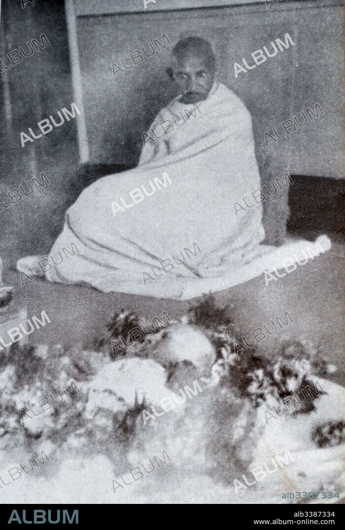 Gandhi sits in mourning by the body of his wife Kasturba 1944. Kasturba Gandhi wife of Mahatma Gandhi on her deathbed at the Palace of the Aga Khan, in Pune, Maharashtra State. 1944. The Palace, became the place of internment for Indian Independence leaders including Mahatma Gandhi in 1942-44.