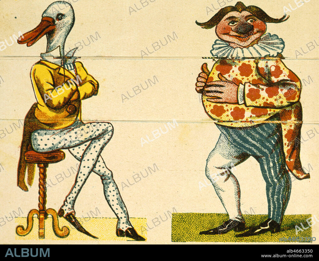 Dessin de clown face a un canard anthropomorphe publie dans Le livre des metamorphoses, sans date. Credit : Collection KHARBINE-TAPABOR.