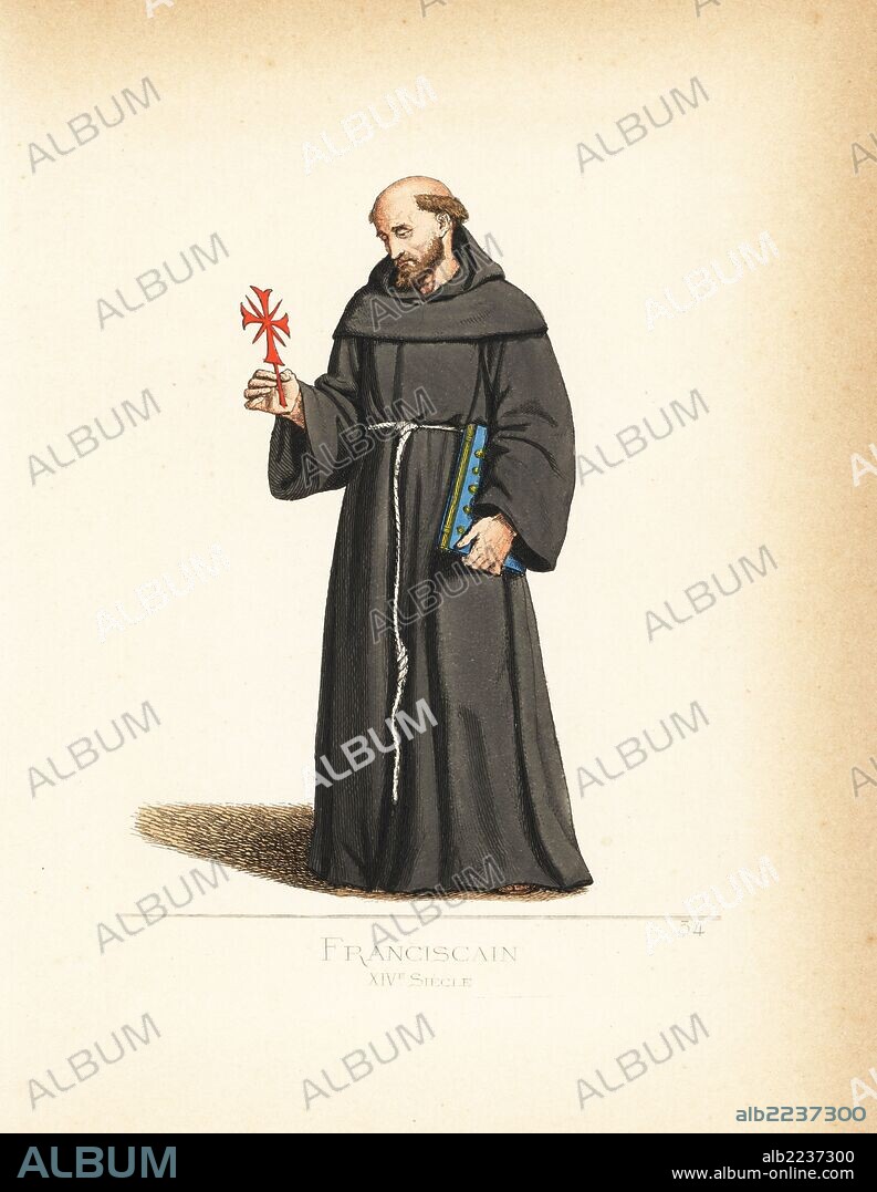 Franciscan monk, 14th century. He wears a black woolen hood and robe, tied with a rope belt, and carries a book and cross. From a painting by Simone Martini. Handcoloured illustration drawn and lithographed by Paul Mercuri with text by Camille Bonnard from "Historical Costumes from the 12th to 15th Centuries," Levy Fils, Paris, 1860.