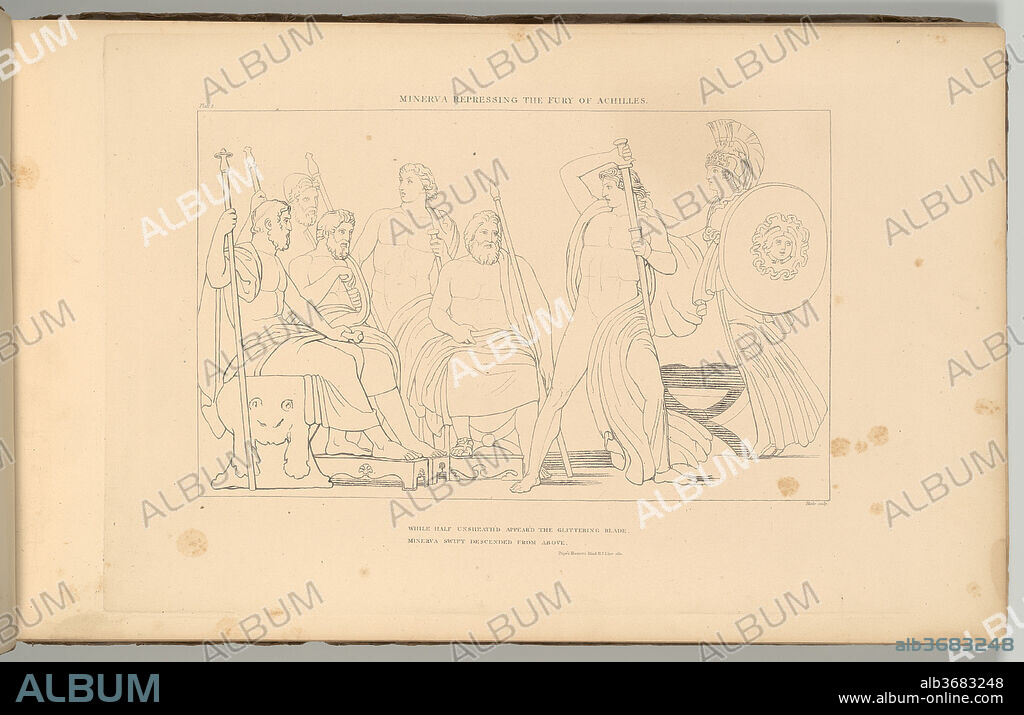 The Iliad of Homer Engraved From the Compositions of John Flaxman, R.A., Sculptor. Author: Homer (Greek, active 13th or 8th century BCE). Designer: John Flaxman (British, York 1755-1826 London). Dimensions: 10 7/8 x 17 9/16 x 11/16 in.  (27.6 x 44.6 x 1.8 cm). Engraver: James Parker (British, London 1750-1805 London); William Blake (British, London 1757-1827 London); Tommaso Piroli (Italian, Rome 1752-1824 Rome). Published in: London. Publisher: Longman, Hurst, Rees and Orme (London); John and Arthur Arch (London); William Miller (London); Robert Harding Evans (British, 1778-1857). Date: 1805.