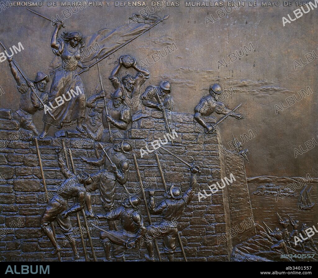 Maria Pita (Maria Mayor Fernandez Camara y Pita) (Sigras, 1565-1643). Spanish heroine in defense of La Corun_a city against an English attack, May 14, 1589 (Drake-Norris Expedition). Part of the Anglo-Spanish War (1585-1604). Detai from the relief of the battle for the defense of the walls. Pedestal of the monument of the heroine. Artist: Jose Castin_eiras (b.1941). Maria Pia Square. A Corun_a, Galicia, Spain.