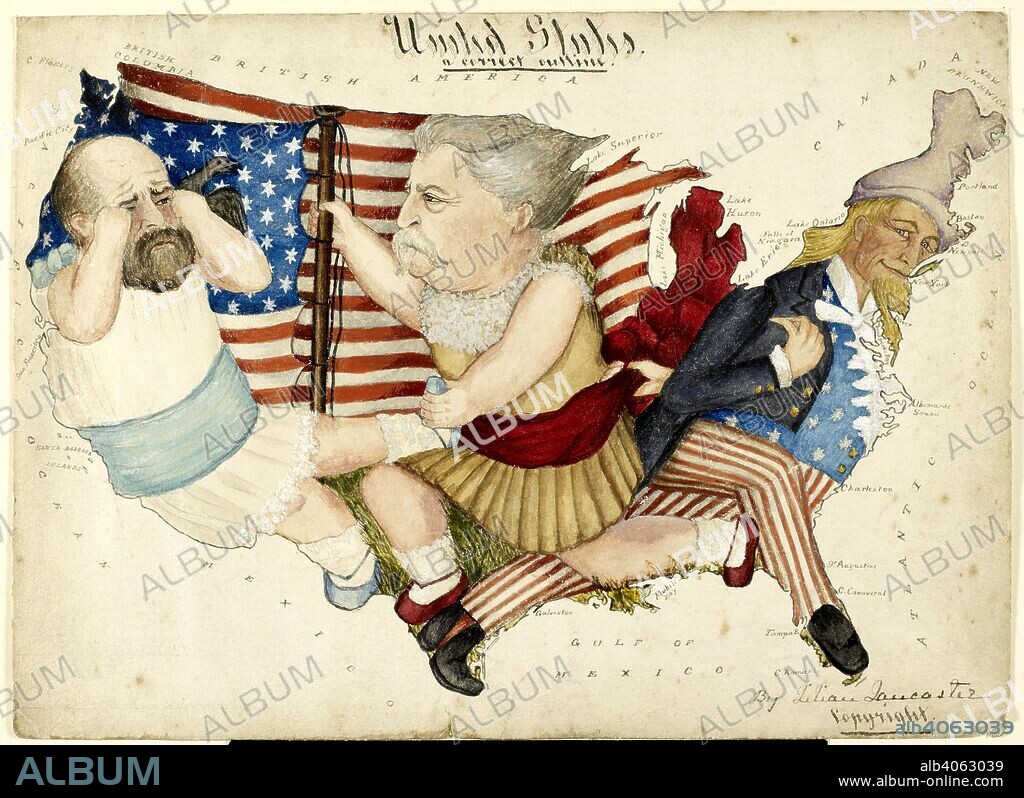 Cartoon map depicting the US Presidential Election of 1880. The outline is of the United States, encompassing comic portraits of James A. Garfield and General Winfield Scott Hancock. Garfield is presenting a cornucopia to Liberty.  . United States, in correct outline. Lilian Lancaster, Novr 4th 1880. 28 x 38 cm. Source: Maps.cc.5.a.230.