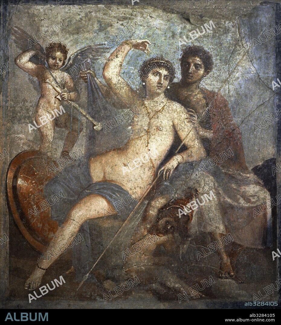 Pintura mural romana. Representación de los amates Marte y Venus, acompañados de Eros y Fobos. Casa de Venus y Marte, Pompeya. Museo Arqueológico Nacional. Nápoles. Italia.