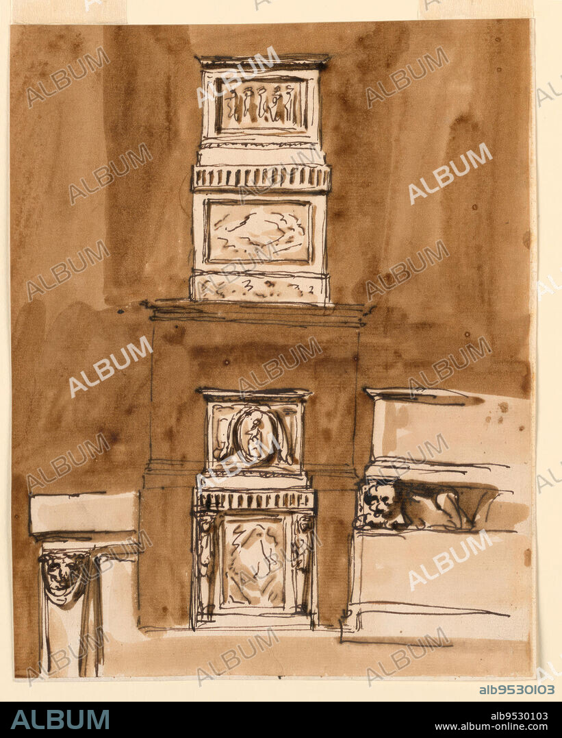 GIUSEPPE BARBERI. Central row, above: the elevation of two pedestals, one above the other, separated by a band. The front panel of the lower pedestal is decorated with marble, that of the upper one with figures. Below, a high pedestal with a frieze supported by two gaines. Above is another pedestal with a medallion and a garland at the front. The pedestal of a pillar is at the back. Below at left is a gaine with a lion mask as support of an entablature. Below at right is shown the left half of a pedestal upon which lions crouch supporting another pedestal. Colored background. Date: ca. 1790. Pen and brown ink, brush and brown wash on off-white laid paper, lined.