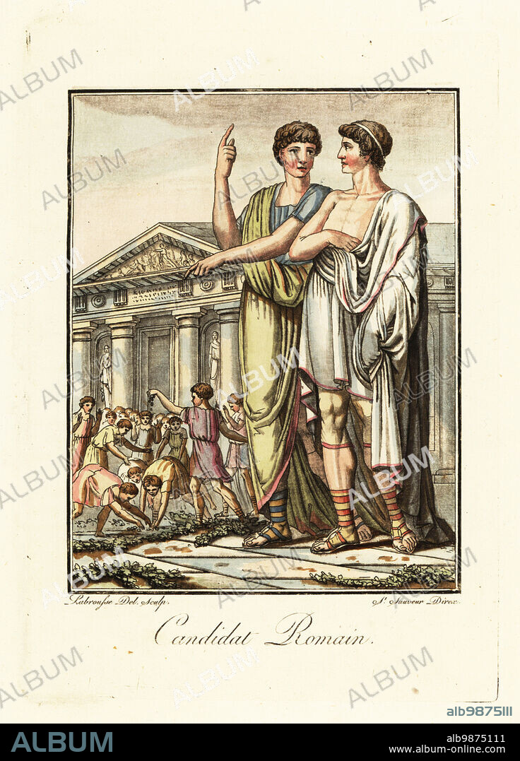 A political candidate bribing a crowd in ancient Rome. The candidate in white toga candida is attended by a nomenclator. Slaves throw circus tickets to a crowd in the Forum. Candidat Romain. Handcoloured copperplate drawn and engraved by L. Labrousse, artist of Bordeaux, under the direction of Jacques Grasset de Saint-Sauveur from his Lantique Rome, ou description historique et pittoresque, Ancient Rome, or historical and picturesque description, Chez Deroy, Paris, 1796.