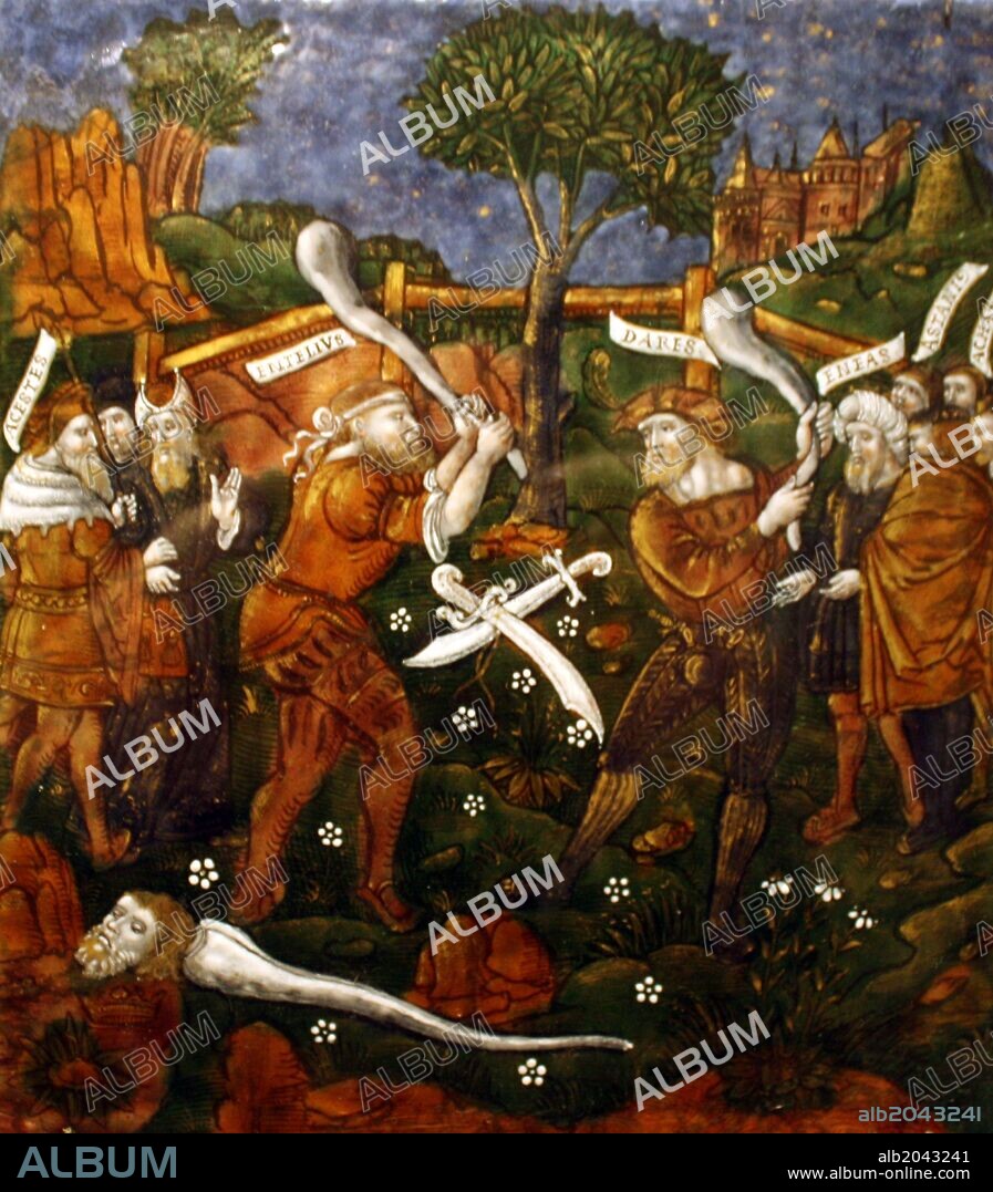 Plaque: Turnus, overwhelmed by the Trojans, Crosses the river to return to his companions. Aeneid, Book IX, Limoges, about 1533-35.