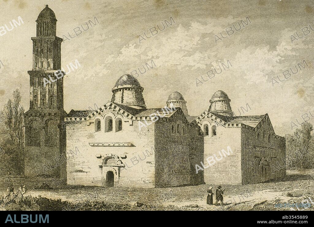 Iglesia de Saint Front de Périgueux, Francia. Construida en estilo románico, con influencias bizantinas, tras el incendio de la anterior basílica en 1120. Dibujo por Gaucherel. Grabado, 1841.