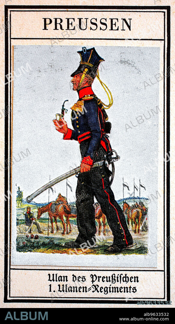 Deutsche Uniformen des 19. Jahrhunderts, Linien - Kavallerie: Preussen, Ulan des preußischen 1. Ulanen (mit Karabiner bewaffnete Gattung der Kavallerie) Regiment, Historisch, digital restaurierte Reproduktion eines gemeinfreien Sammelbildes aus dem frühen 20. Jahrhundert.