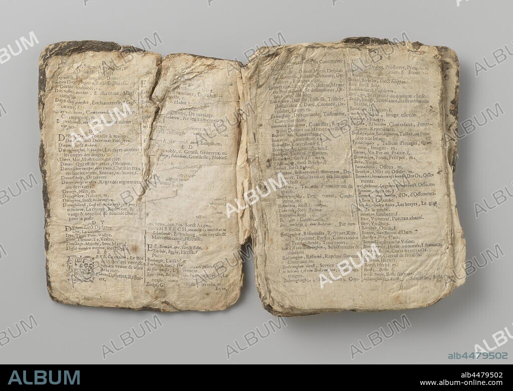 Dutch-French dictionary, Dutch-French dictionary. According to De Jonge: 'Dictionaire ou Promptuaire Flameng-Francois, très-ample et tres copieux, the nouveau composè, embelli, augmentè et enrichi d'un nombre presque infini de vocables, dictions, sentences, proverbes et phrases très utiles, et très exquises, par Elcie Edouard Leon Mellema, & c. à Anvers, chez Jan Waesbergue and la camerstrate à l'Escu de Flandres', dedicated to the tools of Haarlem, Nova Zembla, Behouden Huys, Willem Barendsz, Jacob van Heemskerck, anonymous, c. 1587 - c. 1589, paper, printing, h 21.1 cm × w 17.6 cm × d 5 cm.