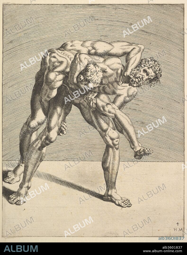 Two Wrestlers, from Wrestlers, plate 4. Artist: Dirk Volckertsz Coornhert (Netherlandish, Amsterdam 1519/22-1590 Gouda); After Maarten van Heemskerck (Netherlandish, Heemskerck 1498-1574 Haarlem). Dimensions: Sheet: 9 3/4 x 7 5/8 in. (24.7 x 19.4 cm). Series/Portfolio: Wrestlers. Date: 1552.