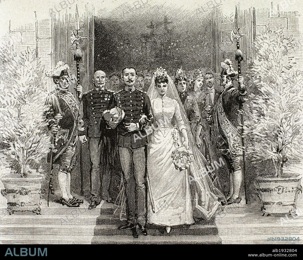 CEREMONIA NUPCIAL entre una mujer de la alta burguesía y un jefe militar. Grabado del siglo XIX con la representación de los novios abandonando la iglesia.