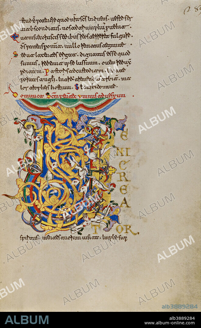 UNKNOWN. Initial V: The Descent of the Holy Spirit. Date/Period: 1153. Folio. Tempera colors, gold leaf, gold paint, and ink on parchment. Height: 192 mm (7.55 in); Width: 132 mm (5.19 in).