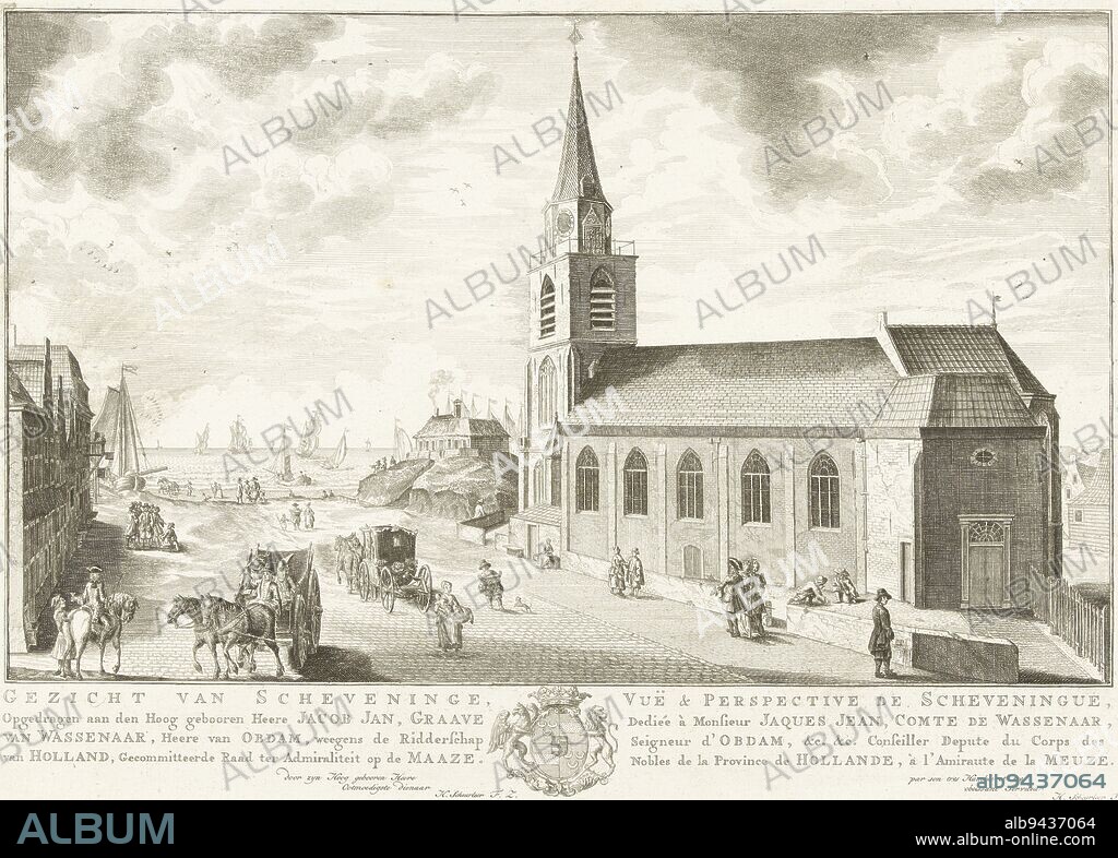View of the Old Church in Scheveningen, with the North Sea in the background. Below the image the title and dedication in Dutch and French, with the family coat of arms of Jacob Jan van Wassenaer Obdam in the center. Print from a series of eighteen views in and around The Hague, View of the Old Church in Scheveningen View of Scheveninge / Vuë & perspective de Scheveningue Eighteen views in and around The Hague (Besoet / Scheurleer) (series title), print maker: Iven Besoet, (attributed to), publisher: Hendrik Florisz Scheurleer, Hendrik Florisz Scheurleer, (mentioned on object), The Hague, 1755 - 1762, paper, etching, engraving, h 306 mm × w 435 mm.