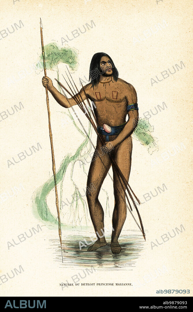 Native of Pulau Yos Sudarso, Muli Strait, New Guinea. He wears a necklace, armlet and belt, and holds a spear, bow and arrows. Naturel du Detroit Princesse Marianne. Handcoloured woodcut by Pannemaker from Auguste Wahlen's Moeurs, Usages et Costumes de tous les Peuples du Monde, (Manners, Customs and Costumes of all the People of the World) Librairie Historique-Artistique, Brussels, 1845.