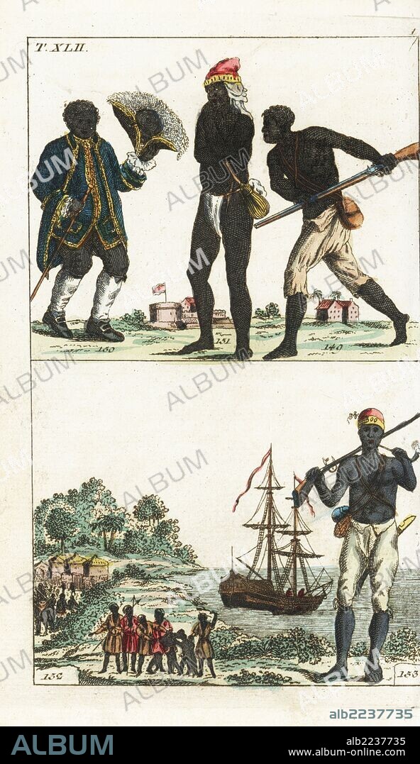 Quassi, the Surinam slave who discovered quassia, Leonard Parkinson, leader of the Maroons of Jamaica, and Maroon rebel. Vignette below shows slaves being taken from the slaver to a fort in the colonies, with a black hunter in the foreground. Handcolored copperplate engraving from G. T. Wilhelm's "Encyclopedia of Natural History: Mankind," Augsburg, 1804. Gottlieb Tobias Wilhelm (1758-1811) was a Bavarian clergyman and naturalist known as the German Buffon.