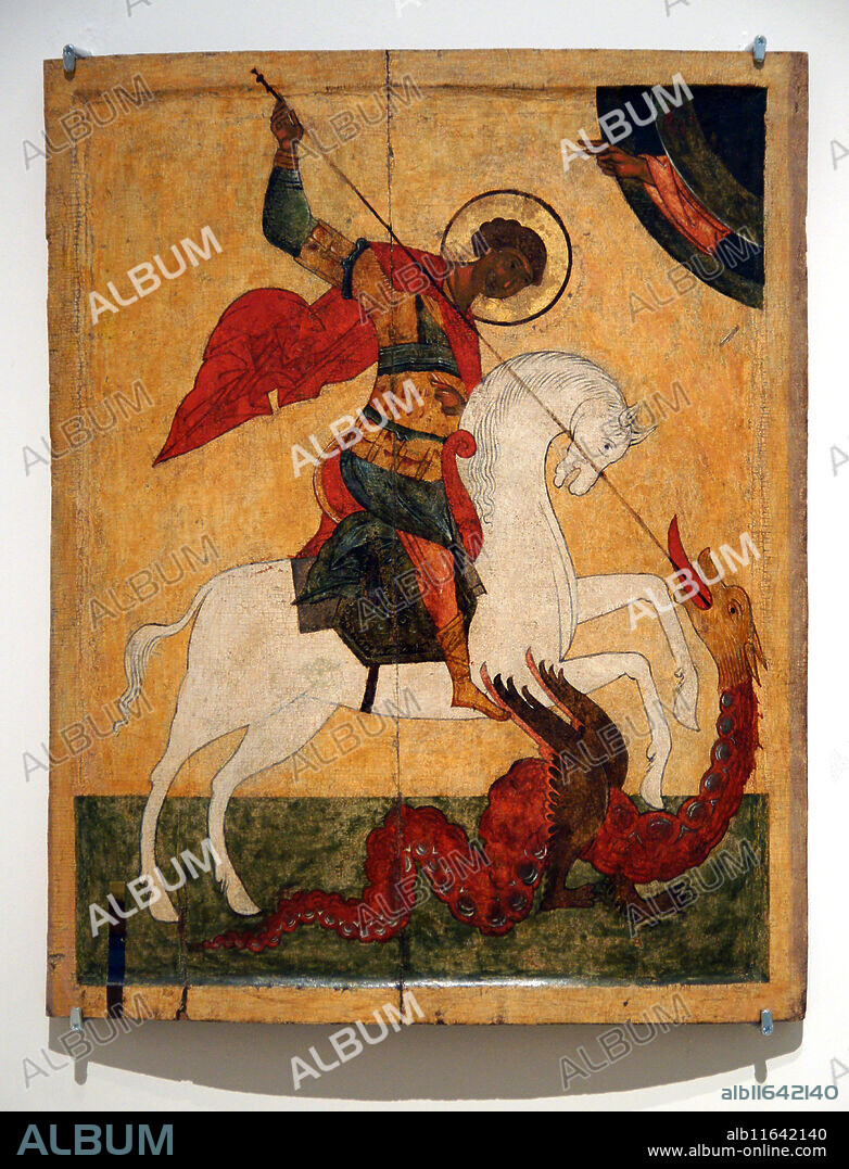 Icon painting. The miracle of St. George and the Dragon. (1500-1550), Northen Russia. Limewood, tempera and gilding. Hermitage Museum.