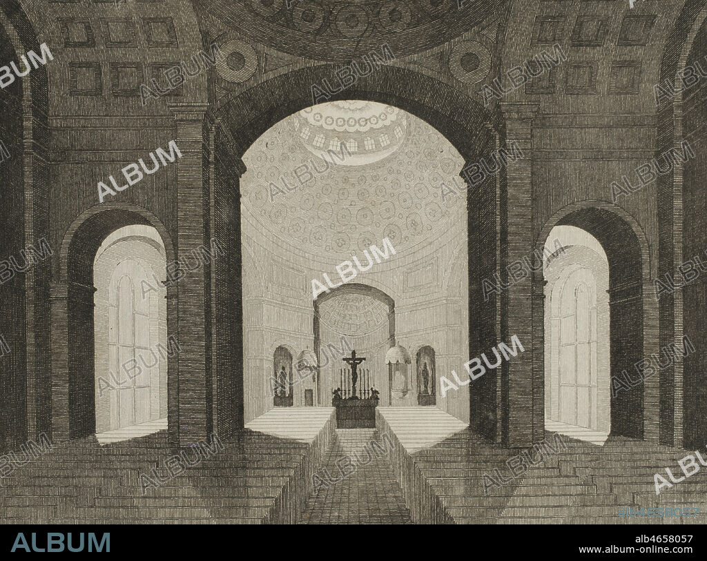 United States. Baltimore Catholic Cathedral. Interior of the temple. It was built from 1806 to 1821 by the architect Benjamin Henry Latrobe, the first great metropolitan cathedral constructed in the United States after the adoption of the Constitution. Engraving by Lefuel and Darau. Panorama Universal. History of the United States of America, from 1st edition of Jean B.G. Roux de Rochelle's Etats-Unis d'AmŽrique in 1837. Spanish edition, printed in Barcelona, 1850.
