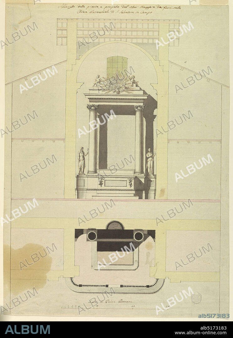Project for the high altar in San Salvatore in Campo in Rome, Giuseppe Subleyras, Italian, 1745 1819, Pencil, pen, washes, chinese black, and various watercolor washes on paper, Vertical composition divided into two sections. The top section shows the frontal view of the altar with the altar mensa in front of the dado, flanked by two women, one holding a chalice and the other holding a cross. Two columns support the entablature that is topped by steps showing angels and a glory of rays. The bottom section is the plan, depicting the altar from above. Inscription at the bottom reads 'Scala di Palmi Romani.', Rome, Italy, ca. 1800, architecture, Drawing, Drawing.