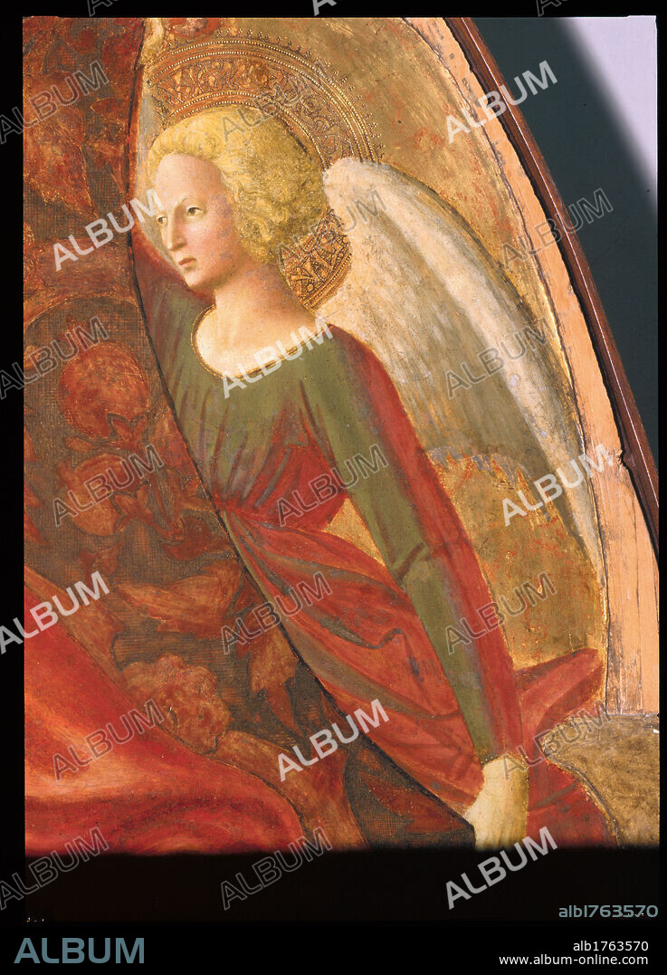 Madonna and Child with St Anne, by Tommaso di Cristofano Fini known as Masolino da Panicale, Tommaso di Ser Giovanni Cassai known as Masaccio, 1424-1425 about, 15th Century, tempera on panel, cm 175 x 103. Italy, Tuscany, Florence, Uffizi Gallery. The Madonna with Child and the angel on the top right were painted by Masaccio. Detail of the angel on the upper right work of Masaccio. Authorization required for non editorial use.
