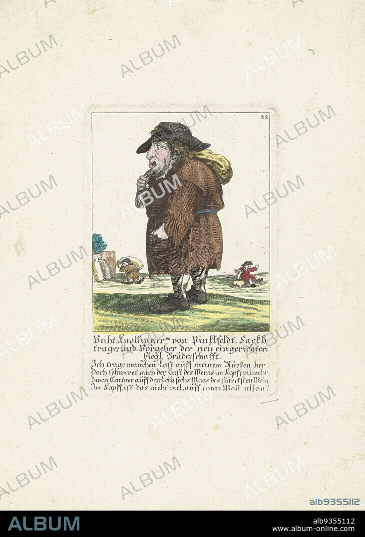 The dwarf Veith Knollinger von Pinklfeldt, c. 1710, Veith Knollinger von Pinklfeldt, Sackhtrager und Vorgeher der neü eingerichten flegl Bruderschafft (title on object), Il Callotto resurcitato oder Neu eingerichtes Zwerchen Cabinet (series title), The dwarf Veith Knollinger von Pinklfeldt, sackhtrager. In the caption below the title, a four-line verse in German. Numbered top right: 44. Part of a loose-leaf edition from c. 1710 of a series of caricatures featuring dwarfs, known as The Dwarf Stage., print maker: Martin Engelbrecht (attributed to), Augsburg, 1705 - 1715, paper, engraving, height 170 mm × width 110 mmheight 320 mm × width 225 mm.