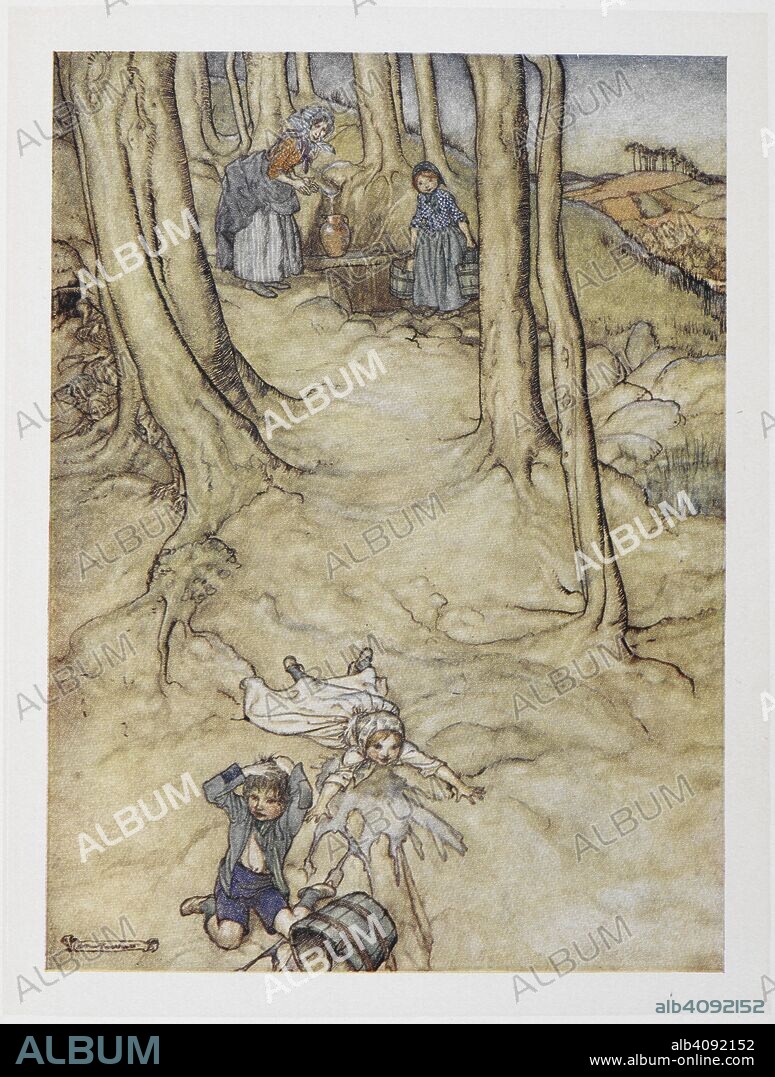 'Jack and Jill'. Two children fall down a hill. Jill spills a pail of water while Jack bumps his head. Mother Goose. The old nursery rhymes. Illustrated by Arthur Rackham. London : William Heinemann, [1913.]. Source: 11646.h.32. facing page 18.