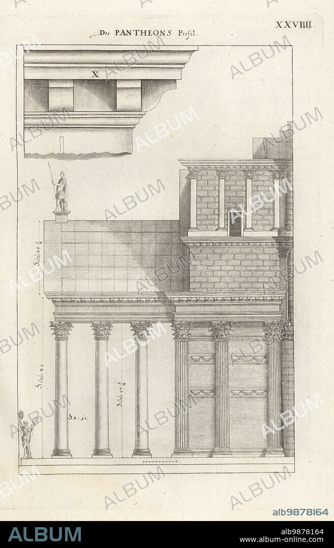 Elevation from one side of the portico to the Pantheon, Rome. Roman temple and later Catholic church. Copied from Andrea Palladio's Four Books of Architecture. Copperplate engraving by Johann Franck from Joachim von Sandrarts LAcademia Todesca, della Architectura, Scultura & Pittura, oder Teutsche Academie, der Edlen Bau- Bild- und Mahlerey-Kunste, German Academy of Architecture, Sculpture and Painting, Jacob von Sandrart, Nuremberg, 1675.