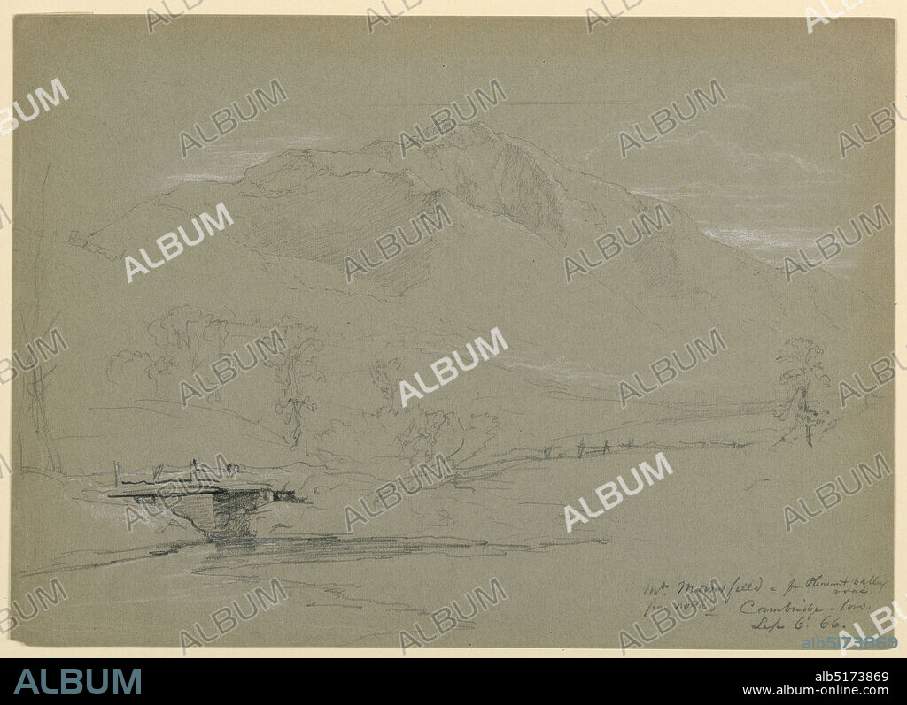 Mount Mansfield from Pleasant Valley Road, Cambridge, Vermont, Daniel Huntington, American, 18161906, Graphite, white chalk, black crayon on grey paper, Bridge over a stream, lower left, with mountain in distance, center., Cambridge, Vermont, USA, September 6, 1866, landscapes, Drawing, Drawing.