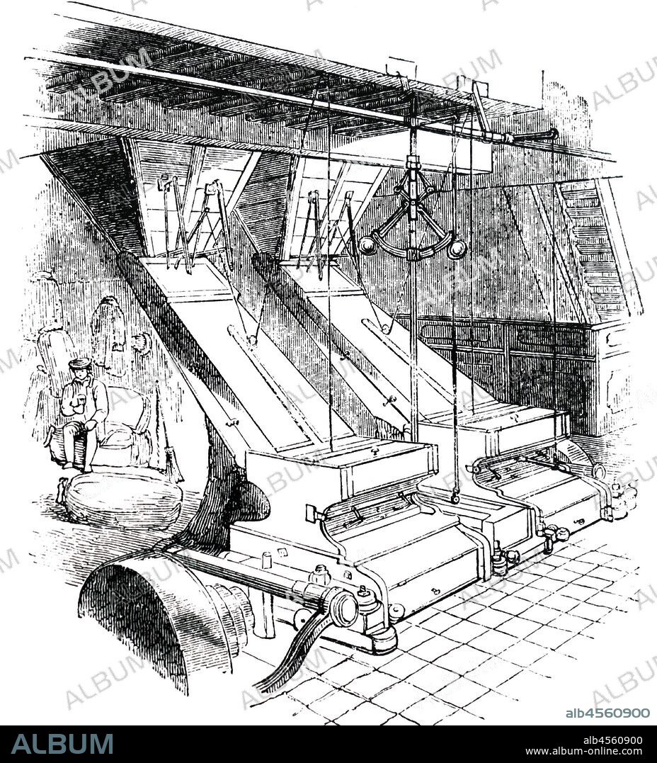 An engraving of Machines used for crushing malt, during brewing. The malt was passed between Steel rollers to produce grist; the coarseness of which, could be varied, by altering the distance of the rollers from each other. London, 1841.