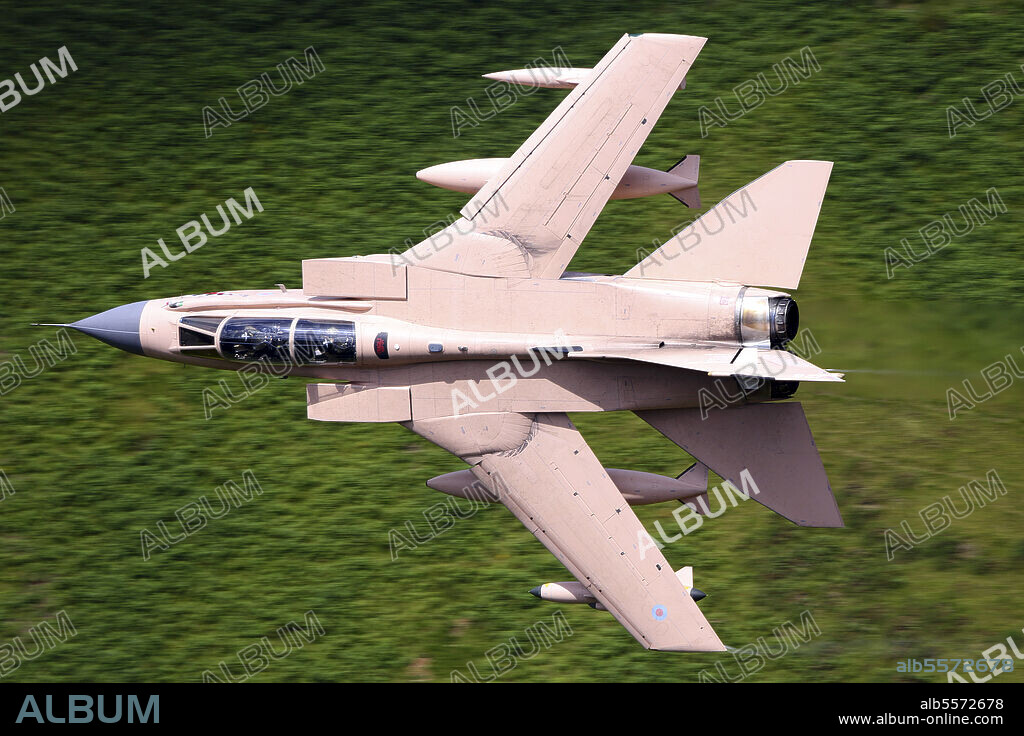 Panavia Tornado GR4 attack airplane of the Royal Air Force during training flight in the Machynlleth loop area, Wales, United Kingdom.