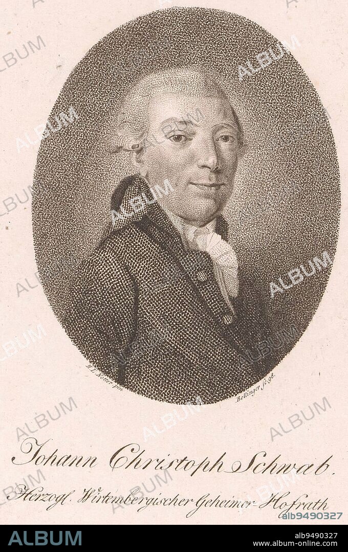 Portrait of Johann Christoph Schwab, Friedrich Wilhelm Bollinger, 1798, print maker: Friedrich Wilhelm Bollinger, (mentioned on object), painter: H.L. Notter, (mentioned on object), , 1798, paper, h 156 mm - w 98 mm.