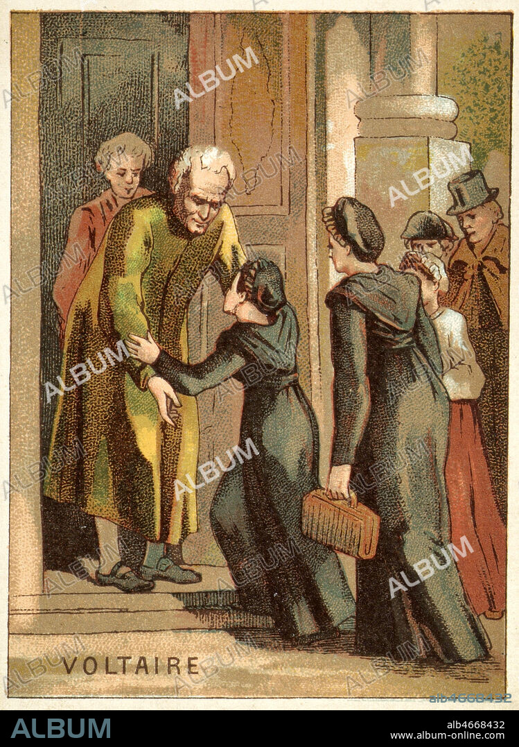 VOLTAIRE (1694-1778) recueillant dans son chateau de Ferney la famille de Jean CALAS (1698-1762), protestant qui fut comdamne au supplice de la roue pour avoir tue son fils non protestant. Ce n'est qu'en 1765 que le tribunal revint sur son jugement et indemnisa la famille jusque la vouee a l'infamie. Chromo vers 1890. Credit: Collection Grob/KHARBINE-TAPABOR.