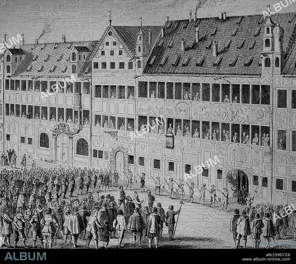 The house of the Fuggers in Augsburg, Germany. The citizens pay homage to Gustav Adolf, historical, digitally restored reproduction of an original from the 19th century.