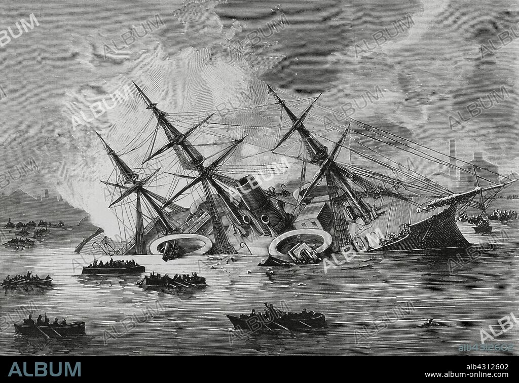 Francia. Tolón. Incendio del acorazdo"Richelieu". Momento de irse a pique el buque a las cuatro de la mañana del 29 de diciembre de 1880. Grabado. La Ilustración Española y Americana,15 de enero de 1881.